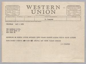 [Telegram from Isaac H. Kempner to The Barclay Hotel, May 1, 1951]