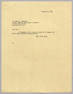 [Letter from Isaac Herbert Kempner to Henry A. Atkinson, October 22, 1951]