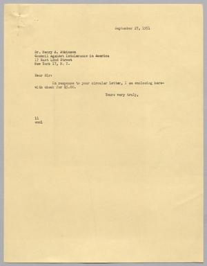 [Letter from I. H. Kempner to Henry A. Atkinson, September 27, 1951]