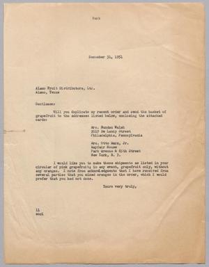 Primary view of object titled '[Letter from I. H. Kempner to Alamo Fruit Distributors, Ltd., December 31, 1951]'.