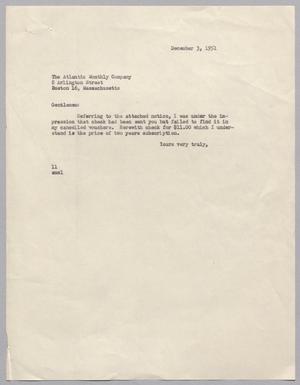 [Letter from Isaac H. Kempner to The Atlantic Monthly Company, December 3, 1951]