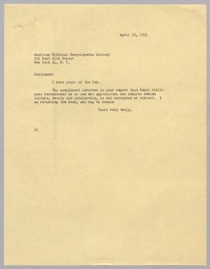 [Letter from I. H. Kempner to American Biblical Encyclopedia Society, April 18, 1951]