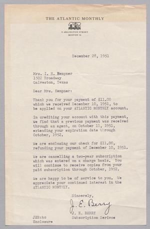 [Letter from The Atlantic Monthly to Mrs. I. H. Kempner, December 28, 1951]