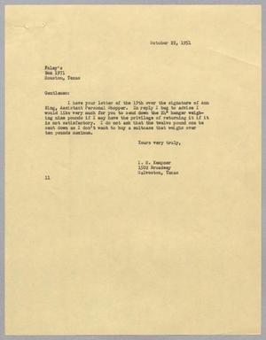 [Letter from I. H. Kempner to Foley's, October 22, 1951]