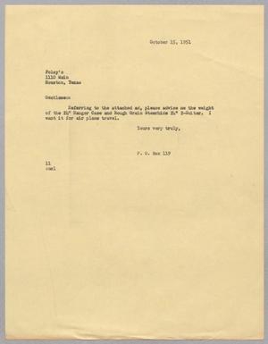 [Letter from Isaac Herbert Kempner to Foley's, October 15, 1951]