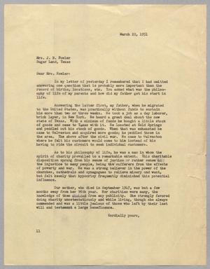 [Letter from I. H. Kempner to Mrs. J. B. Fowler, March 22, 1951]