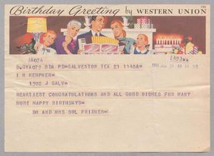 [Telegram from Dr. and Mrs. Sol Fridner to I.H. Kempner, January 21, 1951]
