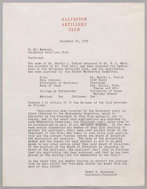 [Letter from Galveston Artillery Club, December 18, 1951]