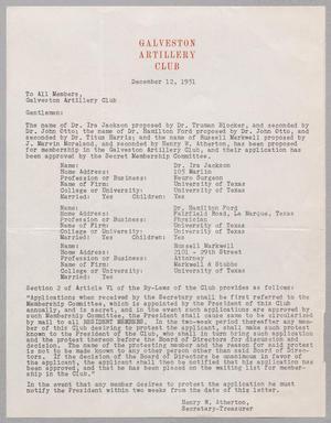 [Letter from Galveston Artillery Club, December 12, 1951]