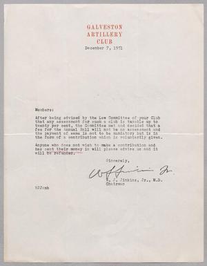 [Letter from Galveston Artillery Club, December 7, 1951]