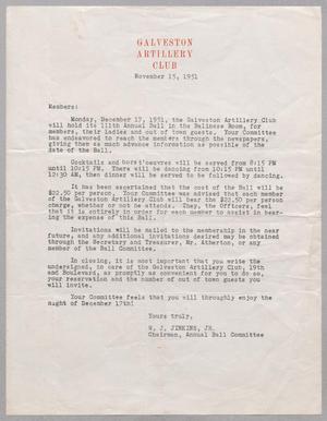 Primary view of object titled '[Letter from Galveston Artillery Club, November 15, 1951]'.