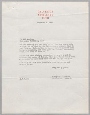 [Letter from Galveston Artillery Club, November 8, 1951]