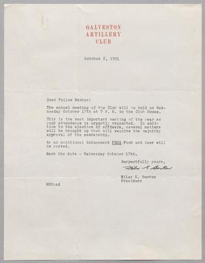 [Letter from Galveston Artillery Club, October 8, 1951]