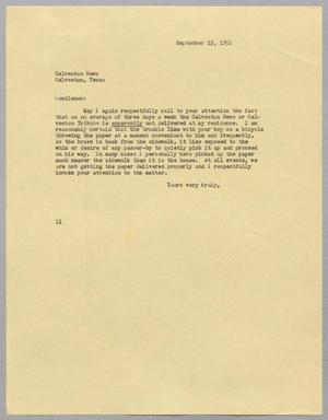 [Letter from I. H. Kempner to Galveston News, September 15, 1951]