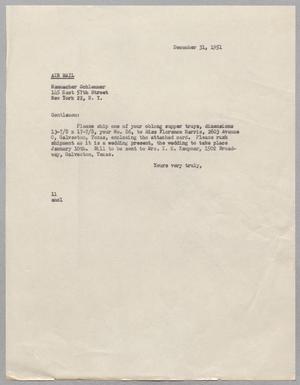 [Letter from I. H. Kempner to Hammacher Schlemmer, December 31, 1951]