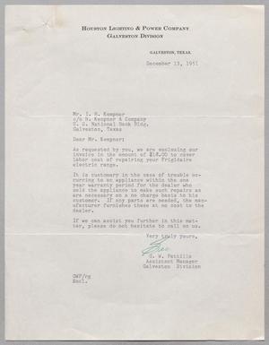 [Letter from G. W. Pattillo to Mr. I. H. Kempner, December 13, 1951]