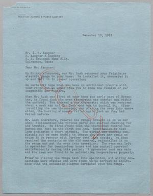 [Letter from G. W. Pattillo to Mr. I. H. Kempner, December 10, 1951]