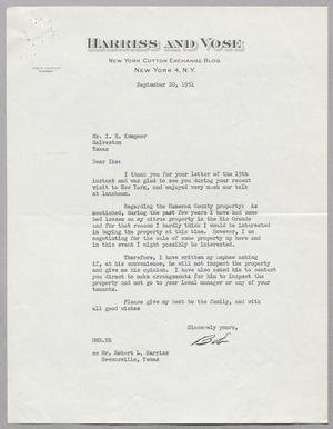 [Letter from Robert M. Harriss to Mr. I. H. Kempner, September 20, 1951]