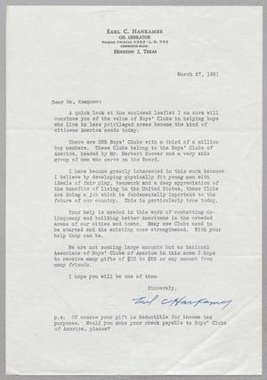 [Letter from Earl C. Hankamer to Mr. Kempner, March 27, 1951]