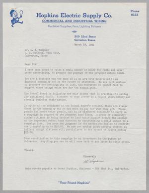 [Letter from Oscar H. Hopkins to Mr. D. W. Kempner, March 12, 1951]