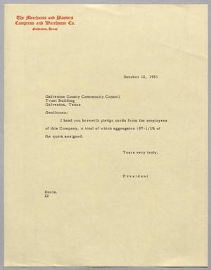 Primary view of object titled '[Letter from Daniel Webster Kempner to Galveston County Community Council, October 12,1951]'.