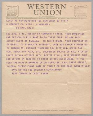 [Telegram from Dave Nathan and Tom McCarthy to H. Kempner, September 27, 1951]