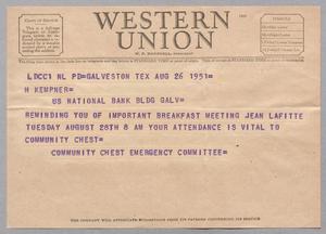 [Telegram from Community Chest Emergency Committee to H. Kempner, August 26, 1951]