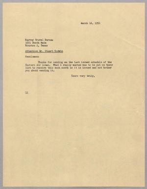 [Letter from Isaac Herbert Kempner to Harvey Travel Bureau, March 16, 1951]