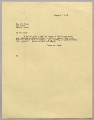 [Letter from Isaac Herbert Kempner to Dave Cohen, February 7, 1951]