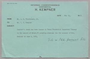 [Message from Mr. A. H. Blackshear, Jr., to Mr. I. H. Kempner, May 31, 1951]