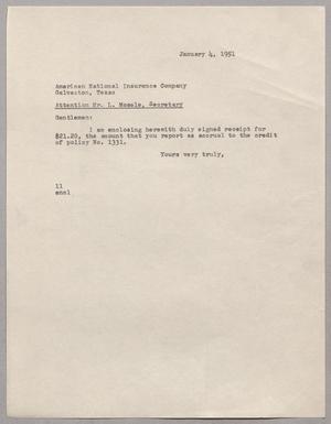 [Letter from Isaac Herbert Kempner to American National Insurance Company, January 4, 1951]