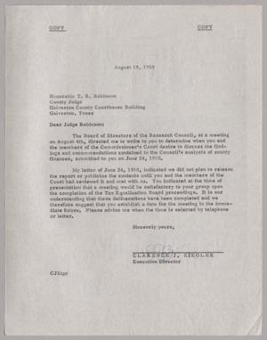 [Letter from Clarence J. Ziegler to T. R. Robinson, August 10, 1960]