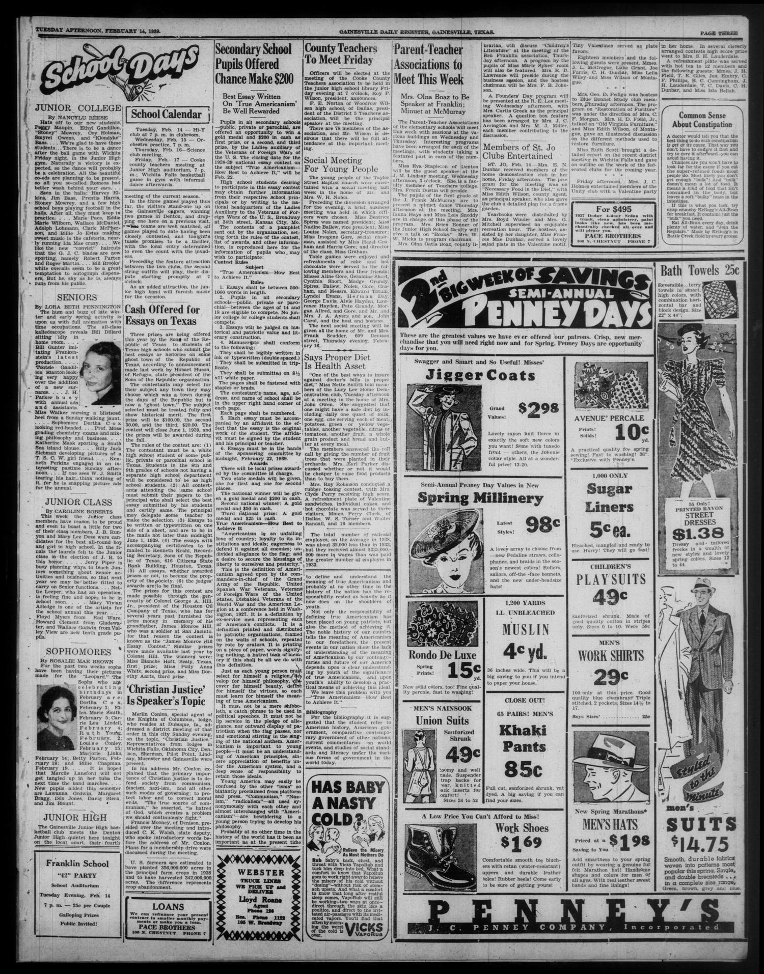 Gainesville Daily Register and Messenger (Gainesville, Tex.), Vol. 49, No. 169, Ed. 1 Tuesday, February 14, 1939
                                                
                                                    [Sequence #]: 3 of 6
                                                