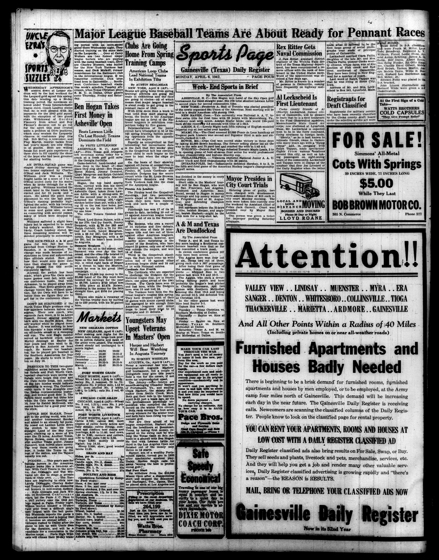 Gainesville Daily Register and Messenger (Gainesville, Tex.), Vol. 52, No. 188, Ed. 1 Monday, April 6, 1942
                                                
                                                    [Sequence #]: 4 of 6
                                                