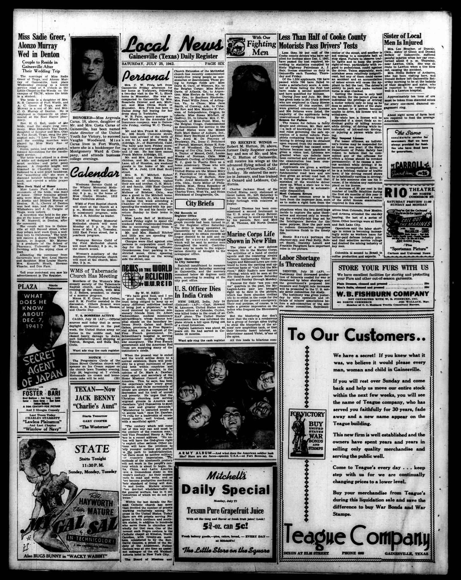 Gainesville Daily Register and Messenger (Gainesville, Tex.), Vol. 52, No. 283, Ed. 1 Saturday, July 25, 1942
                                                
                                                    [Sequence #]: 6 of 6
                                                