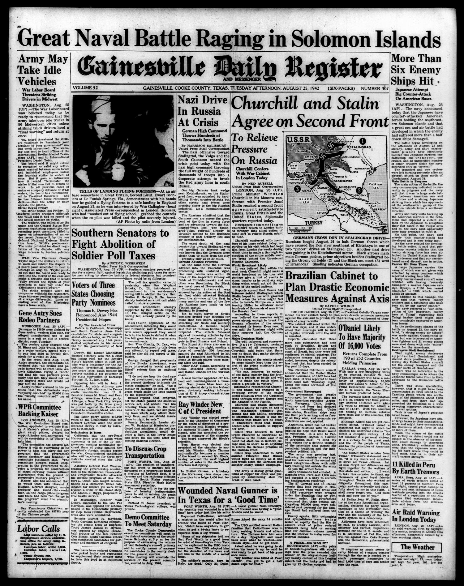 Gainesville Daily Register and Messenger (Gainesville, Tex.), Vol. 52, No. 307, Ed. 1 Tuesday, August 25, 1942
                                                
                                                    [Sequence #]: 1 of 6
                                                