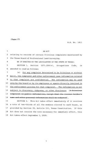 81st Texas Legislature, Regular Session, House Bill 1411, Chapter 173