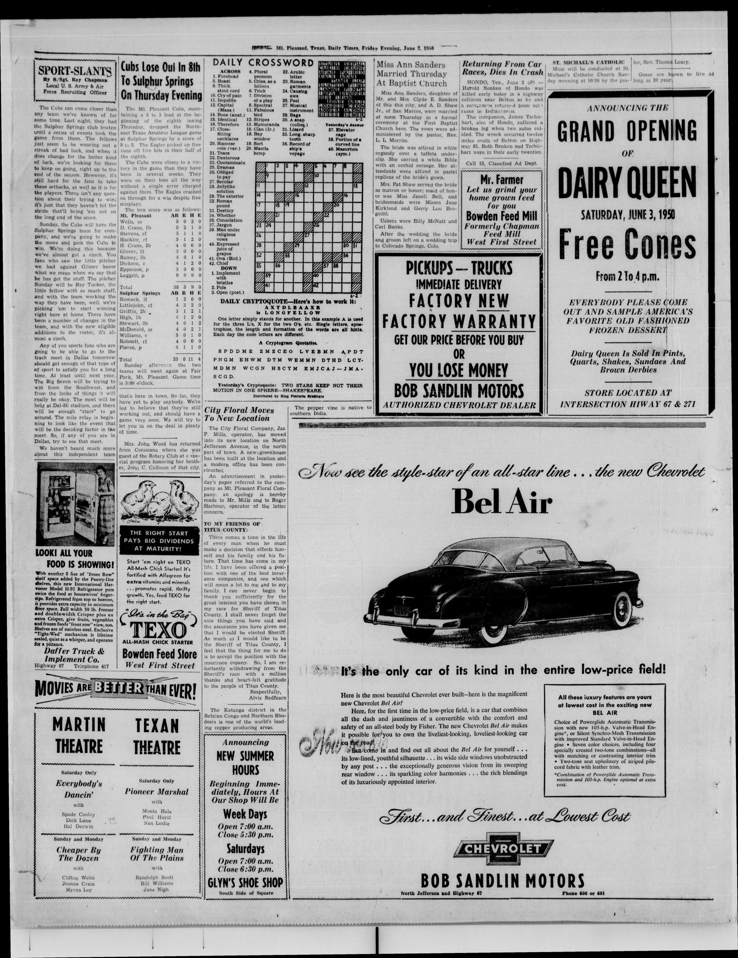 Mt. Pleasant Daily Times (Mount Pleasant, Tex.), Vol. 31, No. 58, Ed. 1 Friday, June 2, 1950
                                                
                                                    [Sequence #]: 6 of 6
                                                