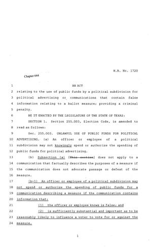 81st Texas Legislature, Regular Session, House Bill 1720, Chapter 644