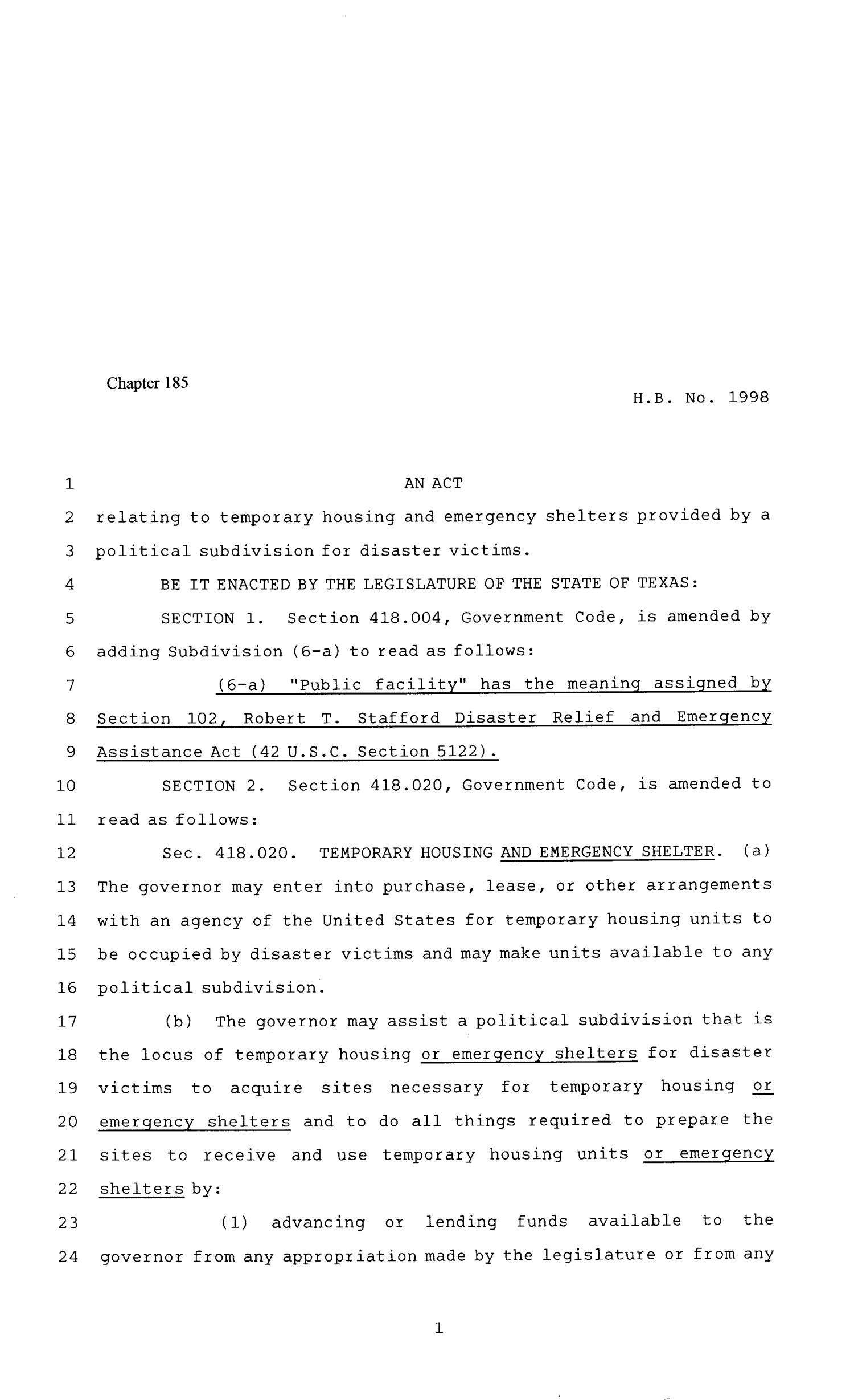 81st Texas Legislature, Regular Session, House Bill 1998, Chapter 185
                                                
                                                    [Sequence #]: 1 of 4
                                                