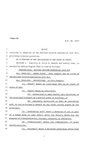 81st Texas Legislature, Regular Session, House Bill 2027, Chapter 186