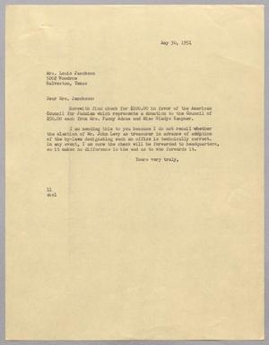 [Letter from Isaac H. Kempner to Mrs. Louis Jacobson, May 30, 1951]