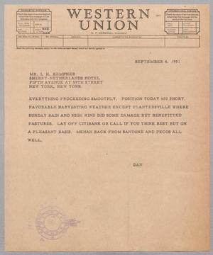 [Telegram from Daniel W. Kempner to Isaac H. Kempner, September 4, 1951]