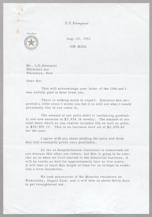 Primary view of object titled '[Letter from Stanley Eugene Kempner to I. H. Kempner, August 23, 1951]'.