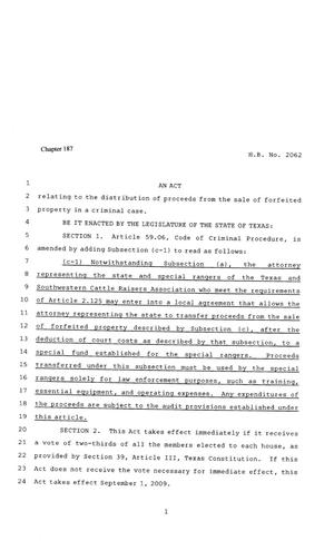 Primary view of object titled '81st Texas Legislature, Regular Session, House Bill 2062, Chapter 187'.