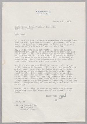 [Letter from I. H. Kempner, Jr. to Rabbi Henry Cohen Portrait Committee, January 15, 1951]