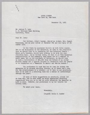 [Letter from Loula D. Lasker to Mr. Adrian F. Levy, December 18, 1951]