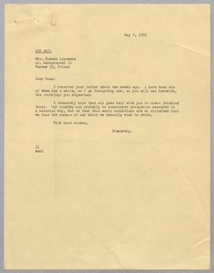 Primary view of object titled '[Letter from I. H. Kempner to Roma Lipowske, May 7, 1951]'.