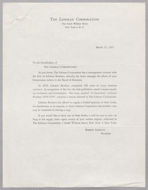 [Letter from the Lehman Corporation, March 15, 1951]