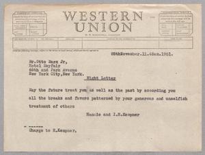 [Telegram from Hennie and I. H. Kempner to Otto Marx Jr., November 25, 1951]